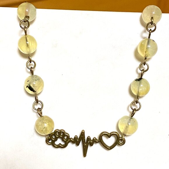 Natural Prehnite Necklace, Bronze Paw Print Heart Beat + Genuine Gemstone - Picture 4 of 16